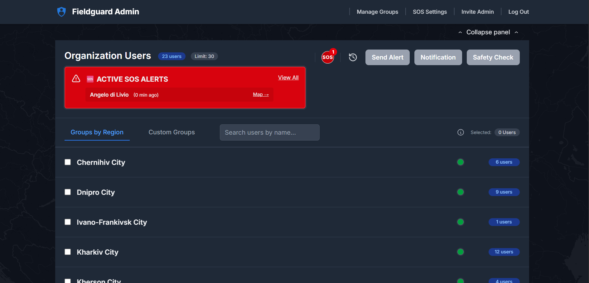SOS emergency signals on admin dashboard